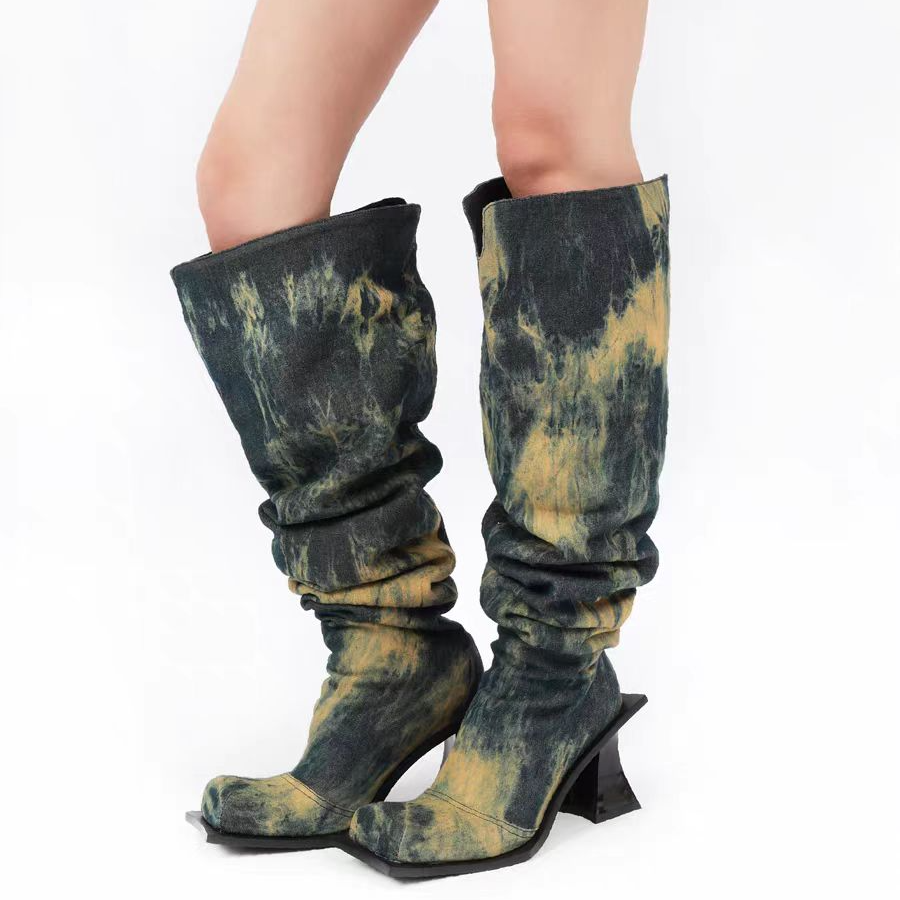 UBORYA设计师品牌/永末日·绿色沙漠欧美街头辣妹牛仔过膝堆褶靴