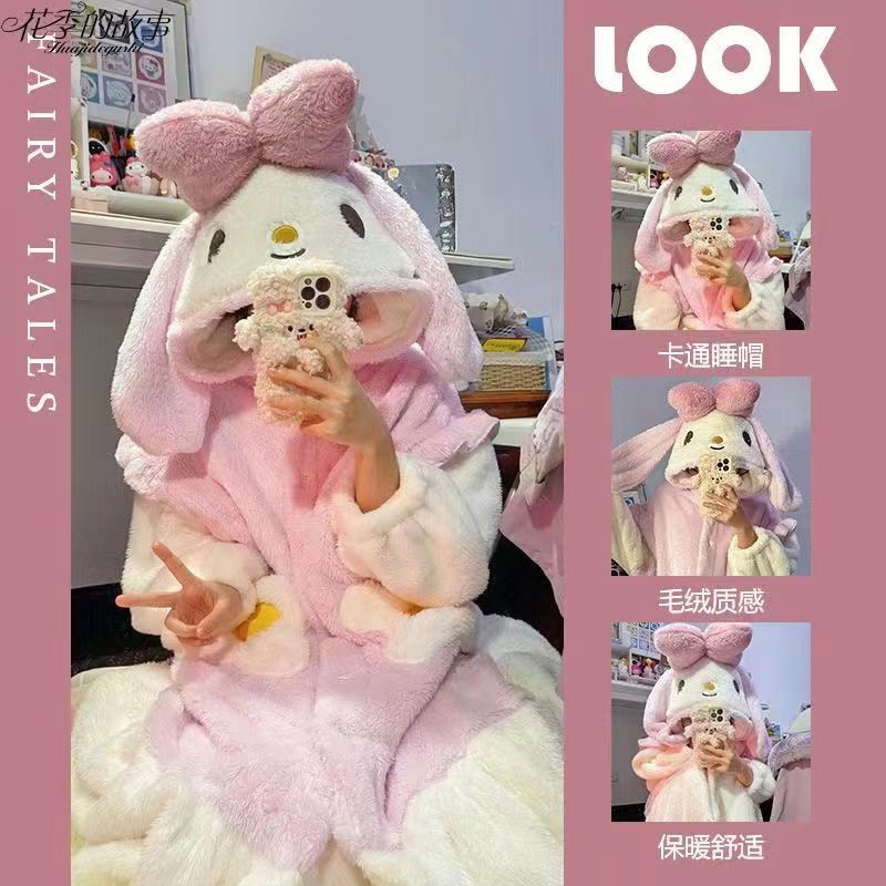 少女兔子连帽珊瑚绒睡衣女冬季2023年新款美乐蒂睡袍加绒加厚睡裙
