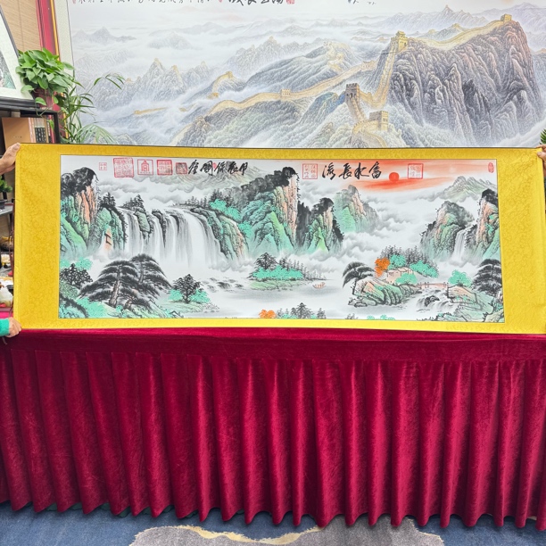 汪保国-富水长流-水墨渲染山水画-卷轴