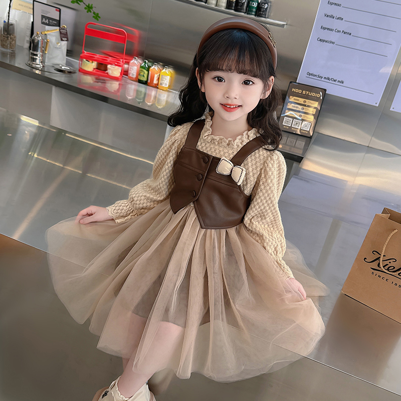 女童连衣裙套装春秋2025新款女宝宝洋气公主裙长袖纱裙马甲两件套