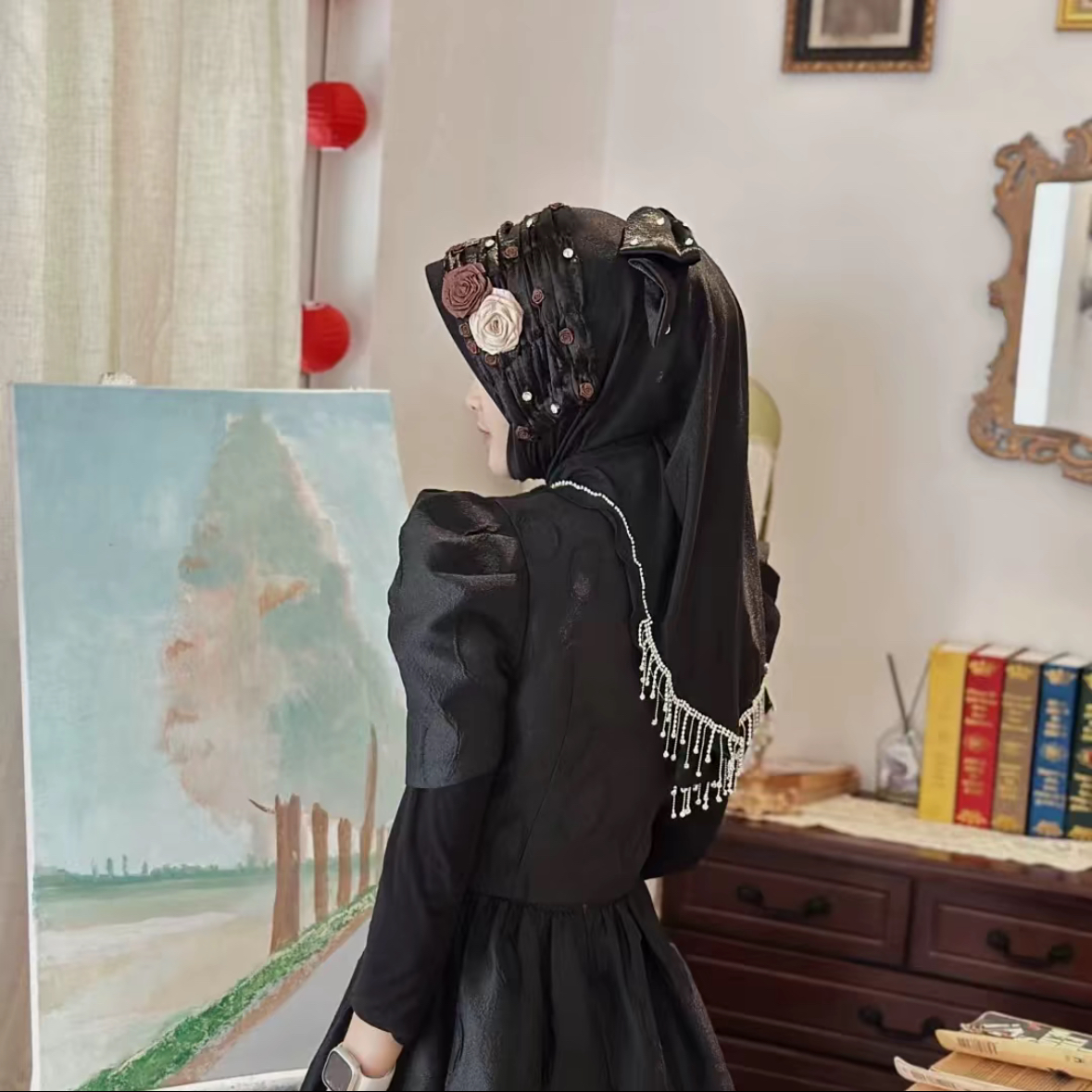 热曼干枯玫瑰蝴蝶流苏帽檐头套