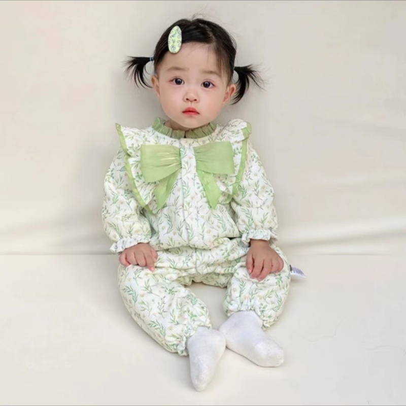 春秋款婴儿衣服蝴蝶结花边领柳叶双层哈衣小清新浅色系女宝