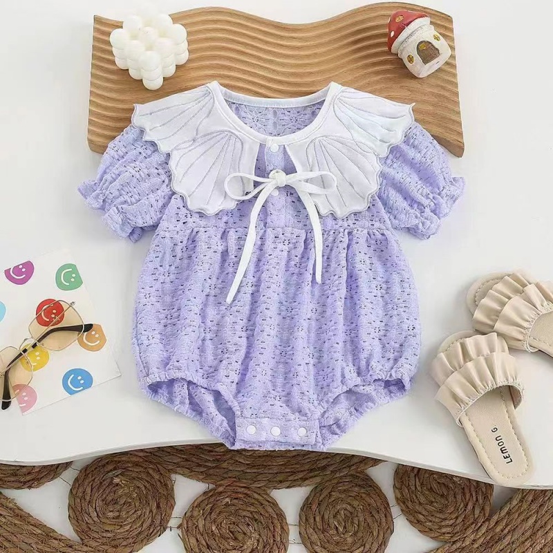 夏款宝宝衣服新款紫罗兰贝壳领女宝宝薄款夏天镂空半袖包屁衣