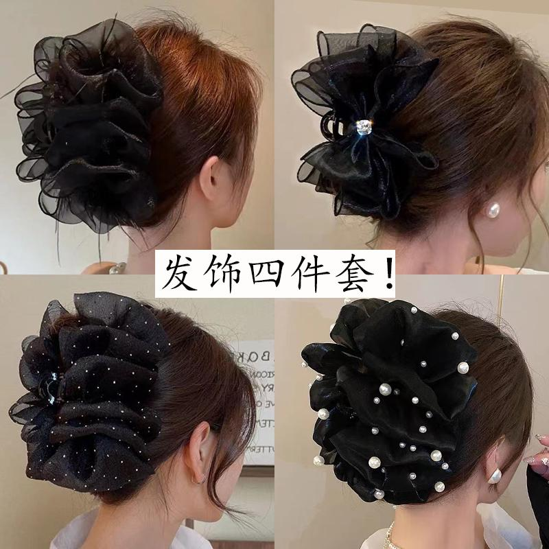 黑羽毛泡泡抓夹蝴蝶结发夹高级感盘发鲨鱼夹气质超大号发卡发饰