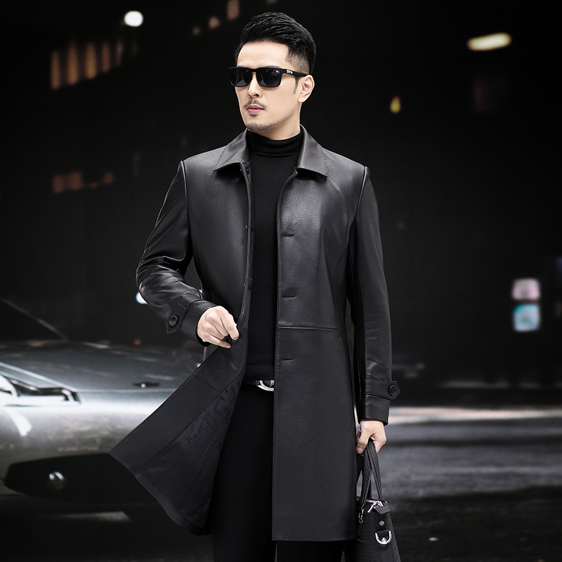 海宁皮衣男真皮长款过膝鹿皮纹绵羊皮风衣商务翻领大码春秋薄外套