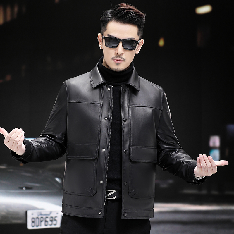 海宁真皮皮衣男士翻领短款夹克绵羊皮春秋新款薄款休闲机车服外套
