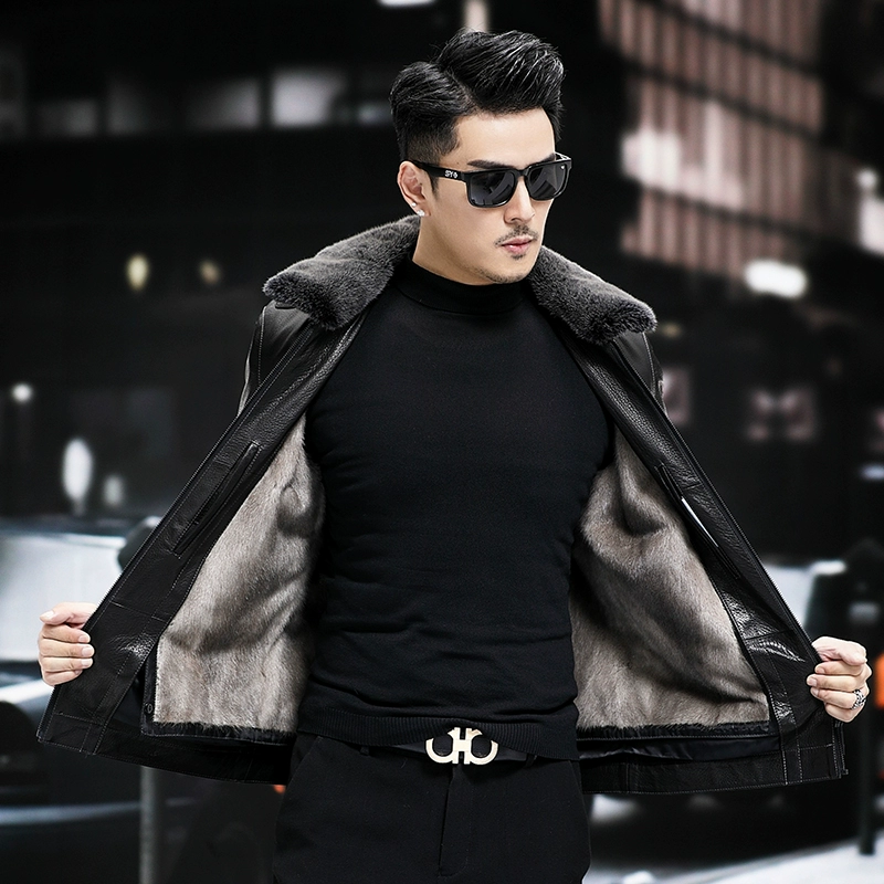 貂皮外套男银蓝整貂内胆大衣皮毛一体山羊皮真皮皮衣夹克水貂皮草