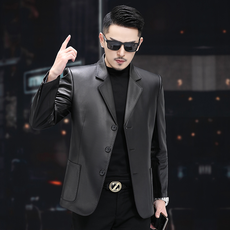 真皮西服男三粒扣真皮皮衣绵羊皮西装领夹克修身中年春秋薄外套