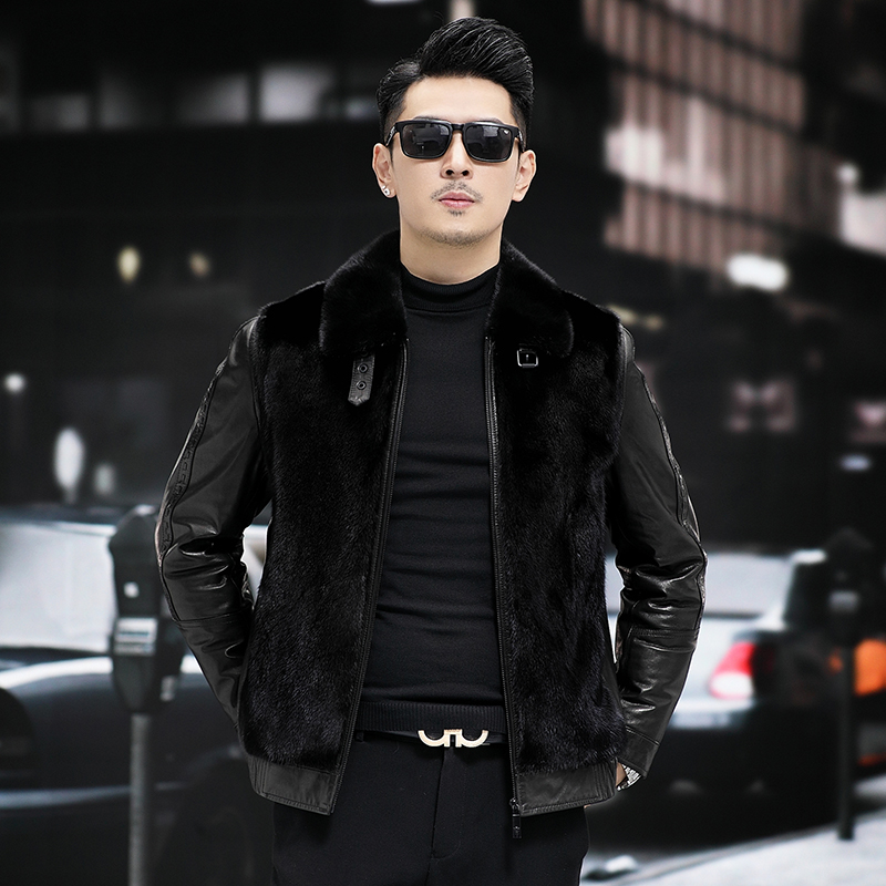 【梵克莱恩】貂皮大衣男整貂皮草真皮皮衣翻领短款山羊皮羽绒厚外套