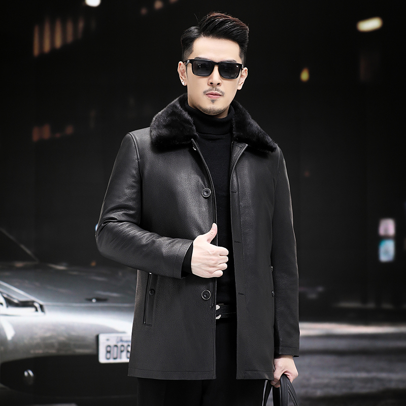 头层牛皮真皮羽绒服男中长款中老年可拆卸鹅绒内胆海宁冬季厚外套