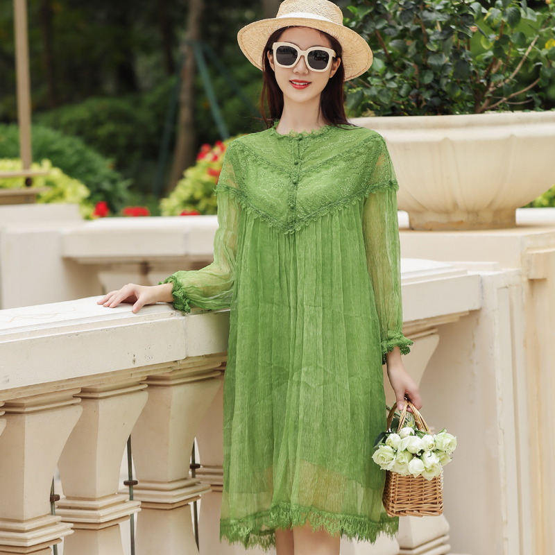 拜占庭的森林桑蚕丝连衣裙女装高级感轻奢端庄大气中长款a字裙子 