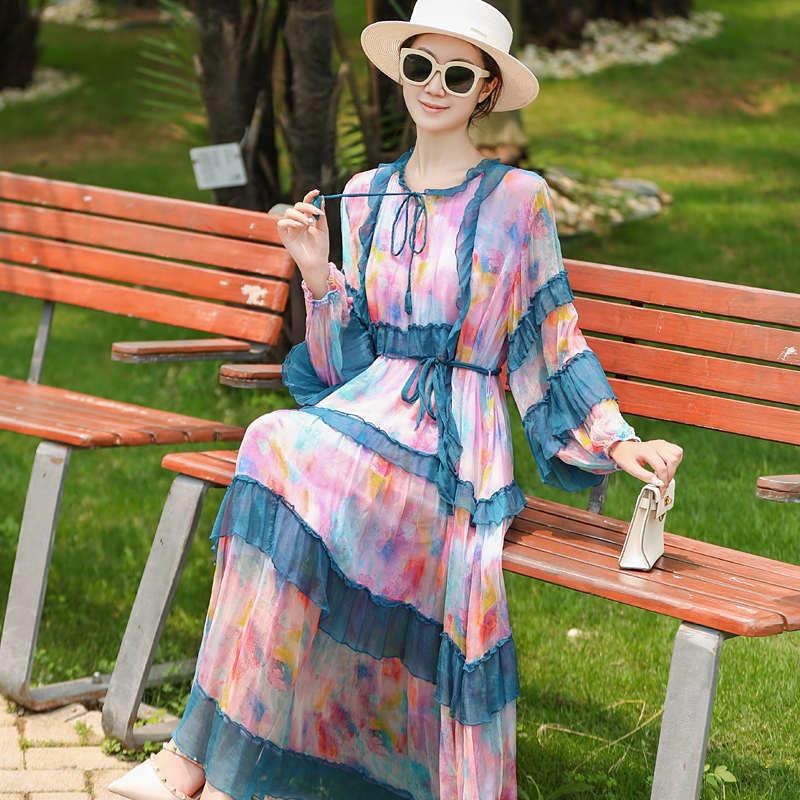 拜占庭的森林桑蚕丝连衣裙女高端大牌宽松显瘦精美印花气质中长款