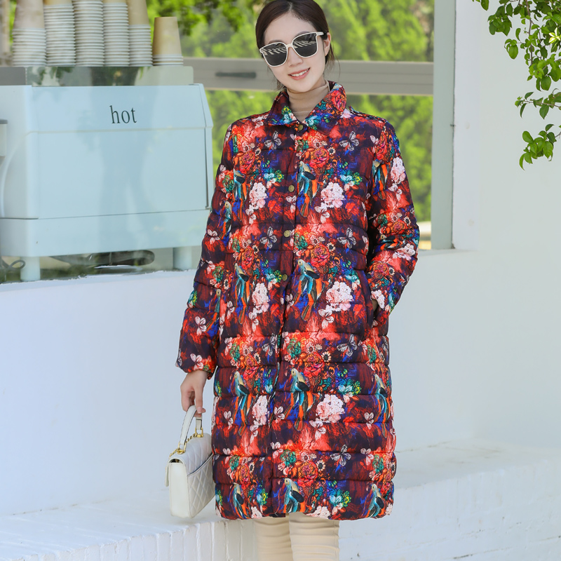 拜占庭的森林白鸭绒羽绒服女装高档轻奢印花桑蚕丝宽松显瘦中长款