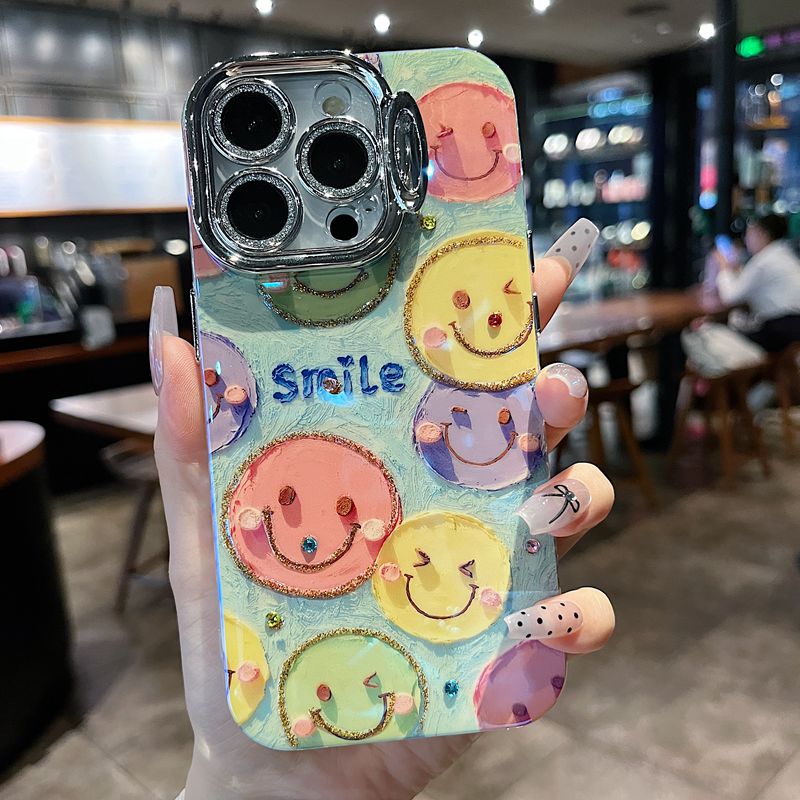 适用苹果系列iPhone15新款手机壳可爱彩色笑脸镜头隐形支架全包14