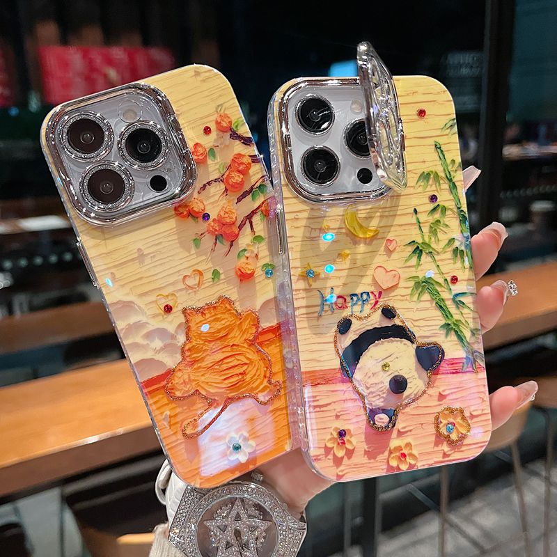 适用苹果系列iPhone16新款手机壳熊猫背影银灰闪粉镜头支架保护套