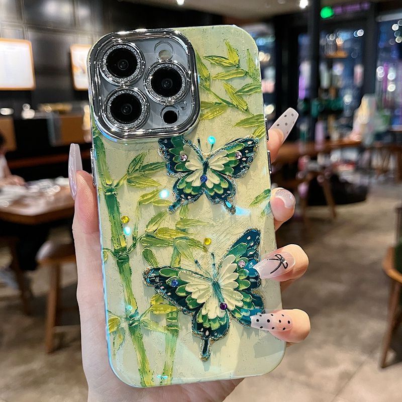适用苹果系列iPhone15新款手机壳复古创意绿底竹叶绿蝴蝶全包防摔