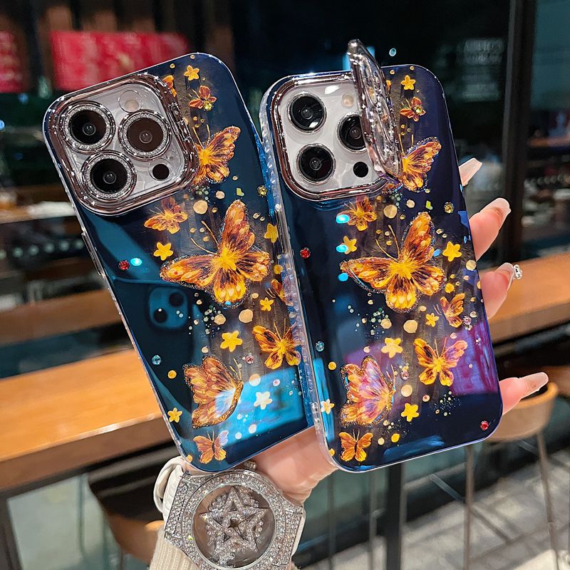 适用苹果系列iPhone16新款手机壳星光蝴蝶银灰闪粉镜头支架保护套