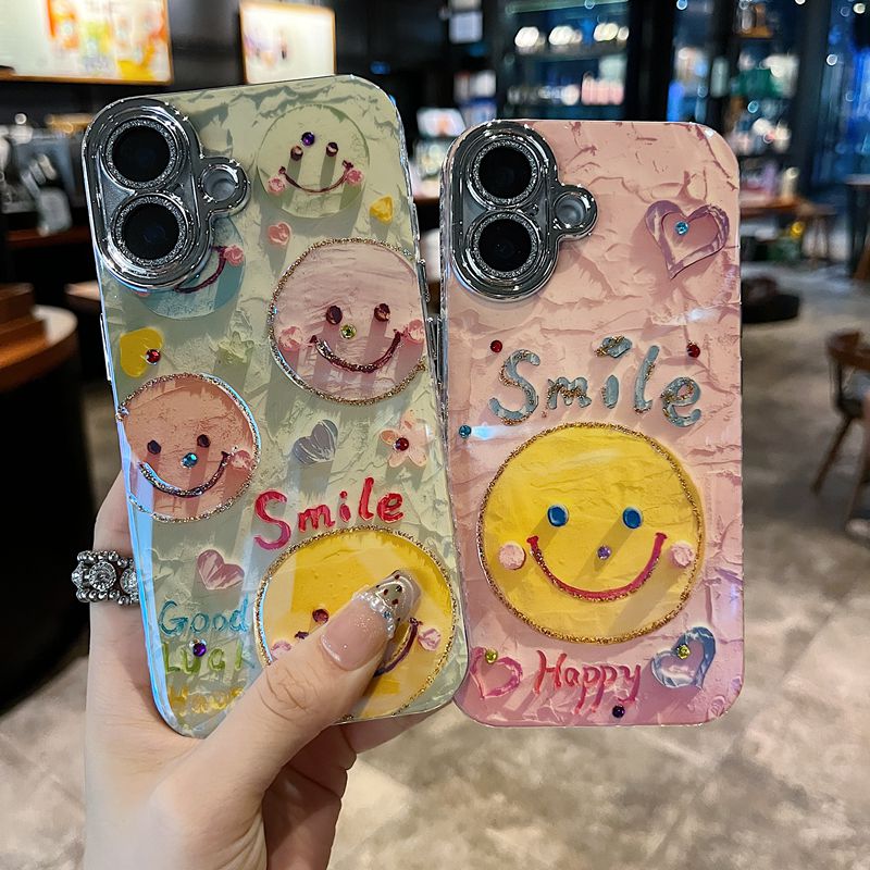 适用苹果华为系列iPhone16新款手机壳卡通创意粉底黄笑脸全包防摔
