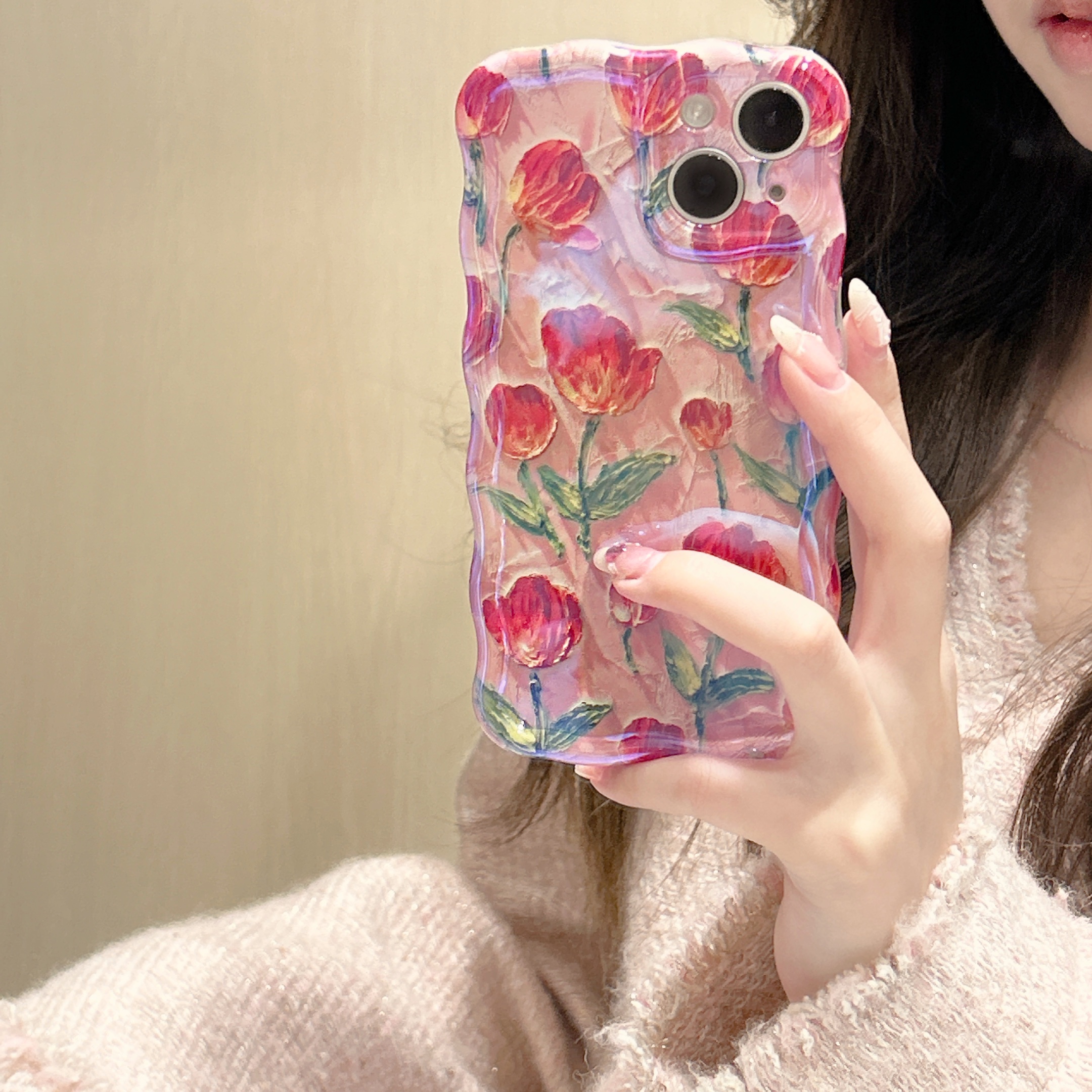 适用苹果系列iPhone15新款手机壳14/13/12复古扭扭满屏粉底郁金香