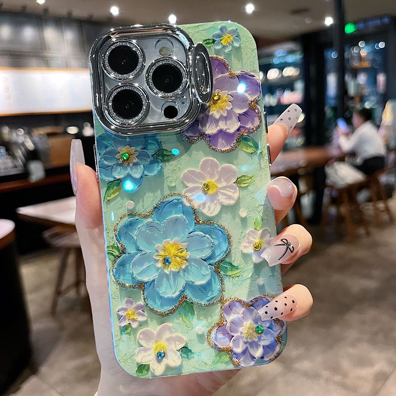适用苹果系列iPhone15新款手机壳优雅绿叶蓝花镜头隐形支架全包14