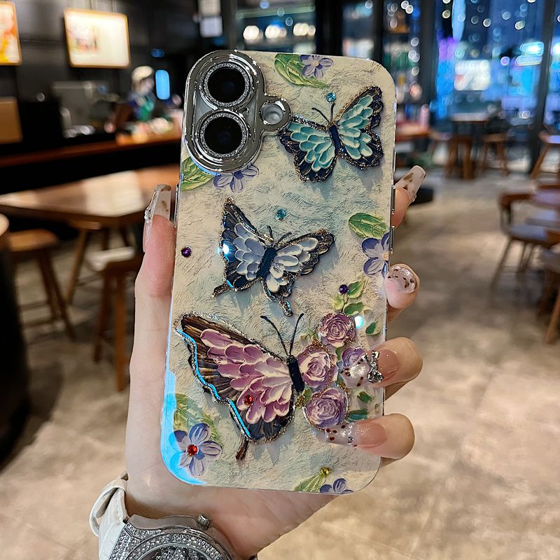 适用苹果华为系列iPhone16新款手机壳优雅复古三只花朵蝴蝶全包