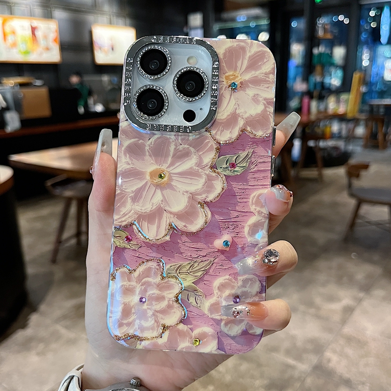 适用苹果系列iPhone16新款手机壳半钻镜框优雅高级复古浅紫花防摔