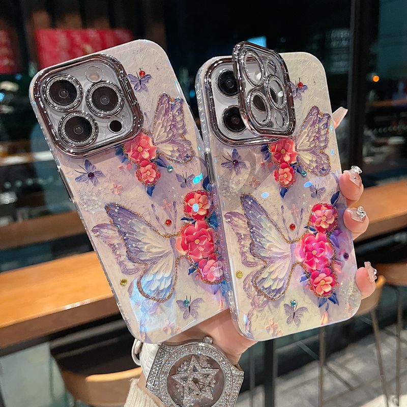 适用苹果系列iPhone16新款手机壳紫色立体蝴蝶银灰色闪粉镜头支架
