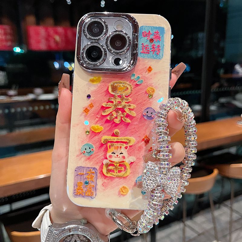 适用苹果系列iPhone16新款手机壳笑脸暴富配手链银灰闪粉镜头支架