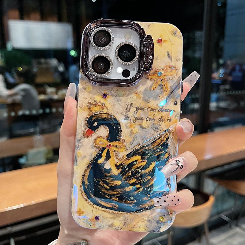 适用苹果系列iPhone15新款手机壳枪色支架黑天鹅钻石镜头膜全包