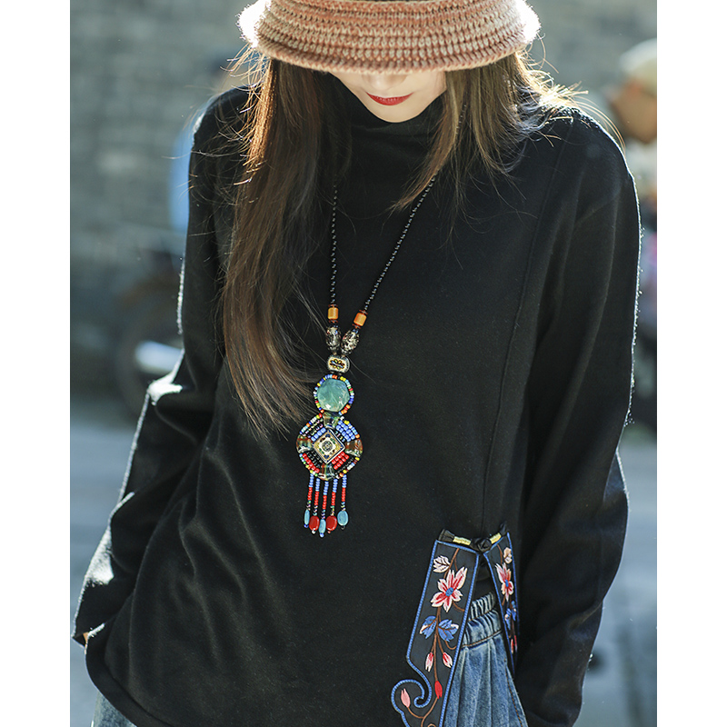 读你长袖民族风春秋新款套头黑色宽松针织衫女中国风上衣秋冬复古