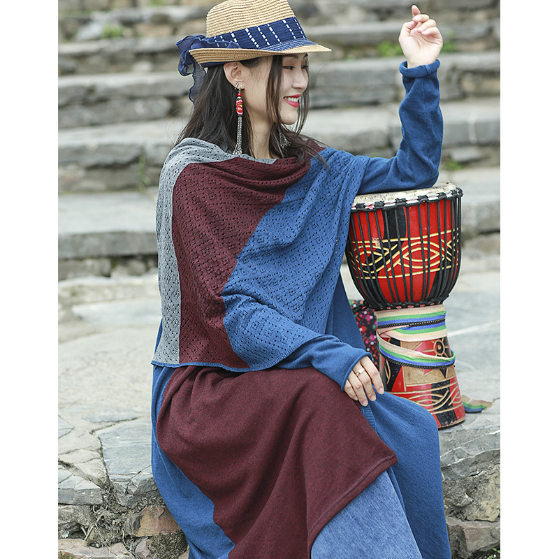 读你原创民族风双色拼拼接女长裙春秋新款两件套连衣裙/6121