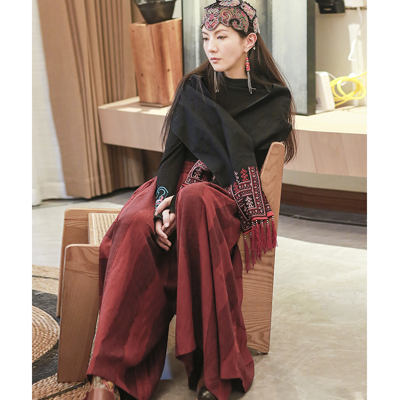 读你原创民族风红色女士裤宽松复古时尚拼色百褶秋冬季/6307百搭