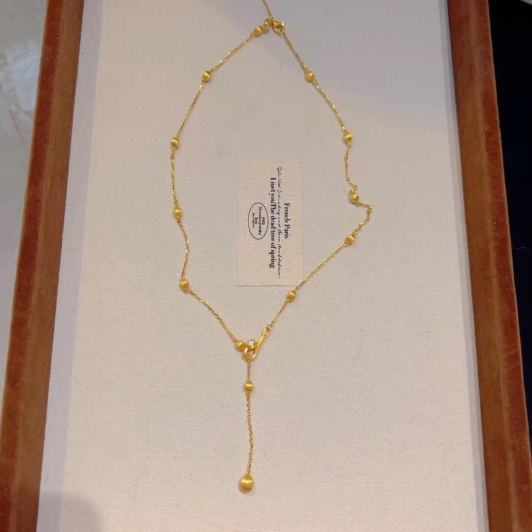 坠链均925银 拉丝复古重工小金球Y字项链·银项链