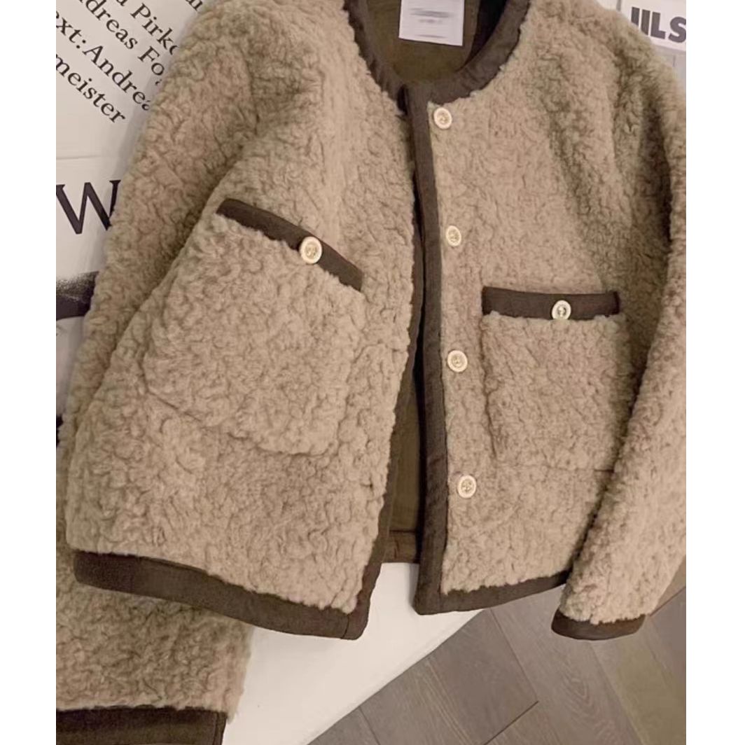 9350#小香风秋冬撞外套时尚气质百搭冬季短款毛绒