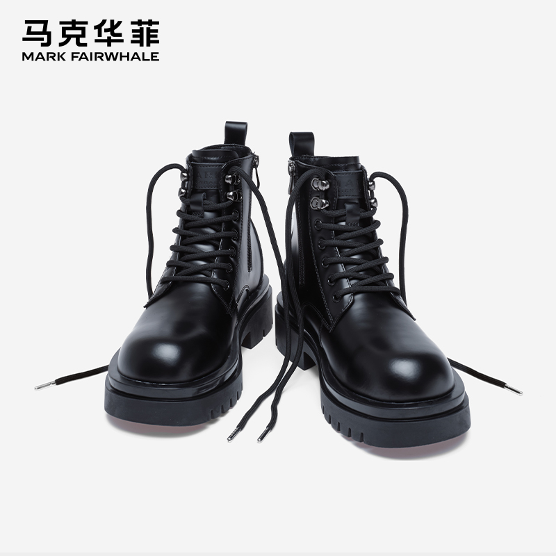 马克华菲男鞋秋季时尚增高高帮马丁靴透气男款真皮机能黑色工装靴