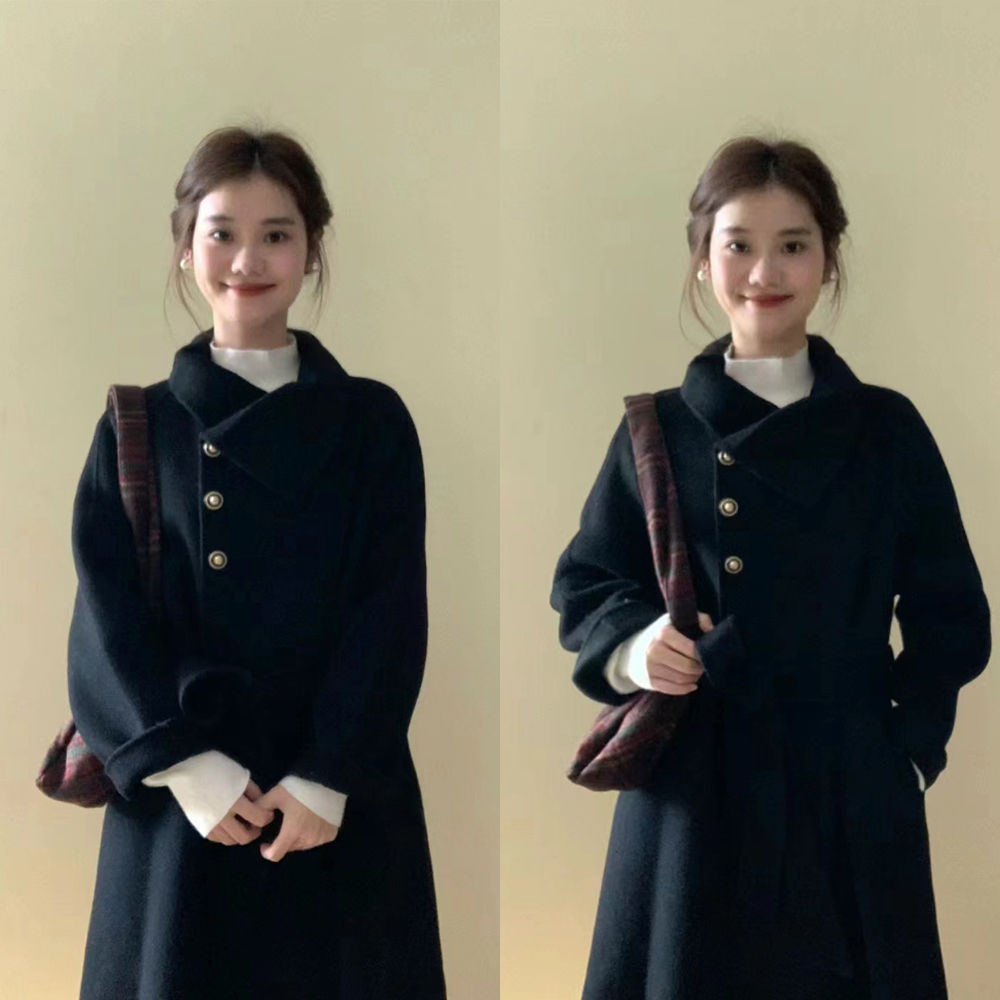 毛呢外套女2023冬季新款法式赫本中长款大衣黑色高级感气质外搭潮