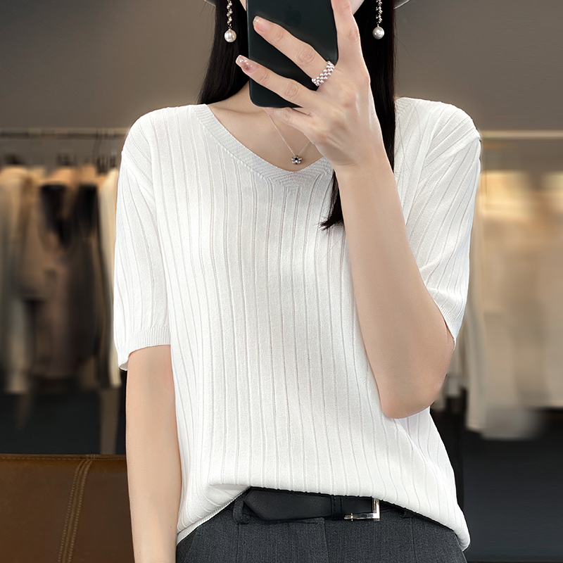 新款夏季曲珠短袖体恤女冰丝针织衫高档宽松半袖洋气v领上衣