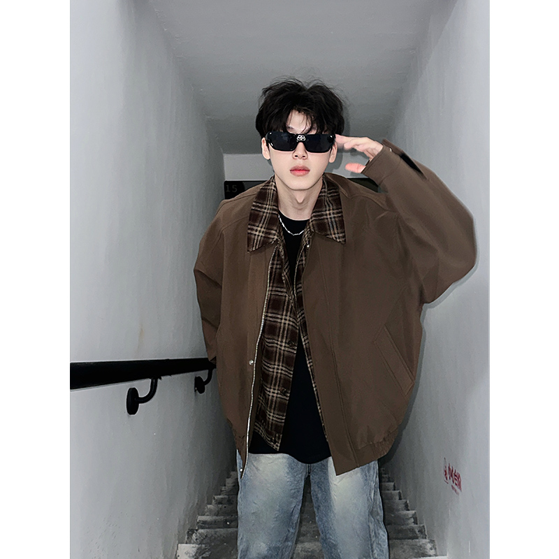 棕色假两件短款外套男款青少年男生酷帅美式上衣高级感衬衫领夹克