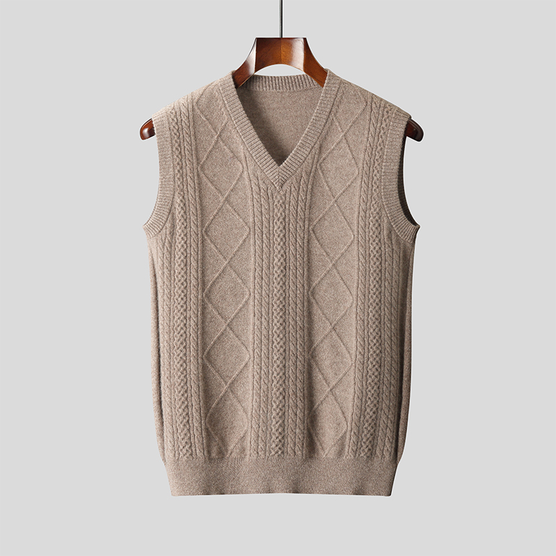男士纯羊绒重工提花v领针织马甲背心秋冬中老年休闲坎肩