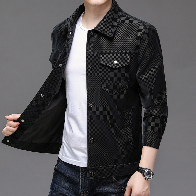 梵诗顿·保罗 春秋男士时尚商务格子耐磨潮流皮衣-A012