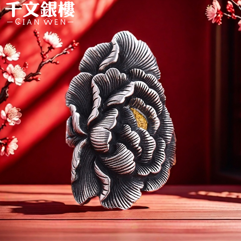 足银戒指 爆款纯手工牡丹戒指宽面复古个性开口足银饰品