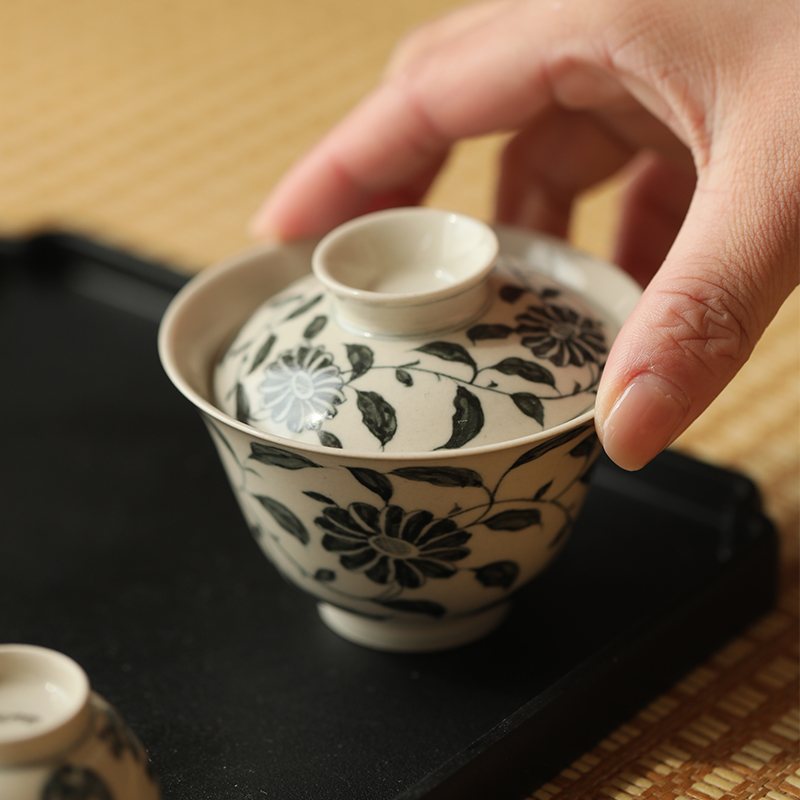 【弥云斋】素以 恬淡草木灰手绘盖碗茶杯陶瓷泡茶碗景德镇