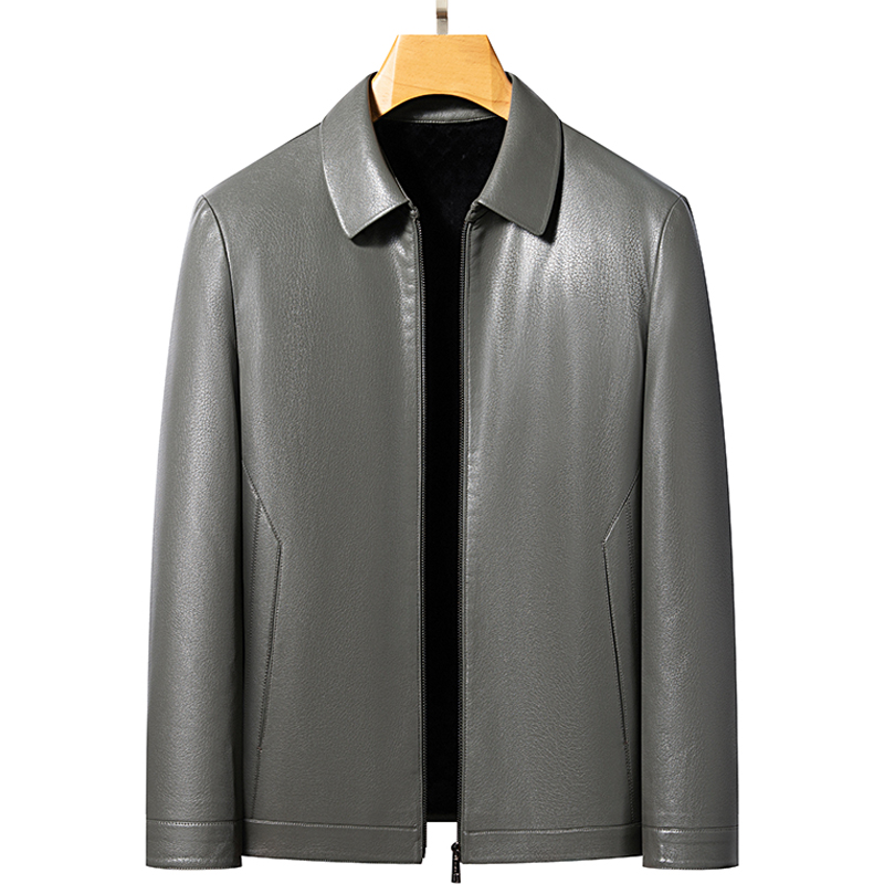 男士秋冬新款商务休闲翻领立领牛皮外套