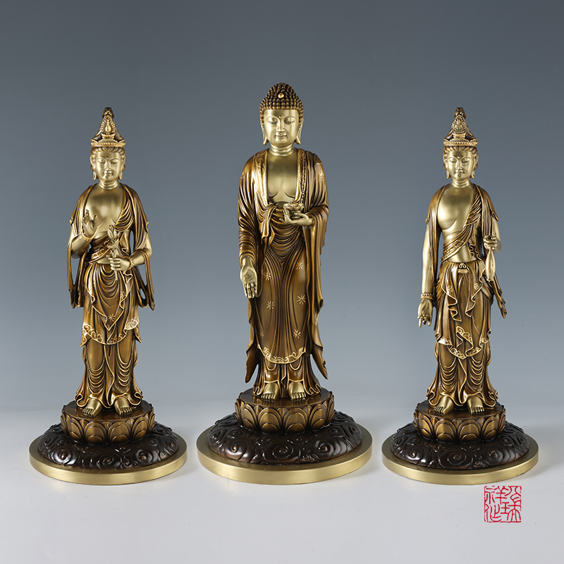 八瑞祥黄铜西方三圣一套佛像家用供奉释迦牟尼大势至观音菩萨摆件