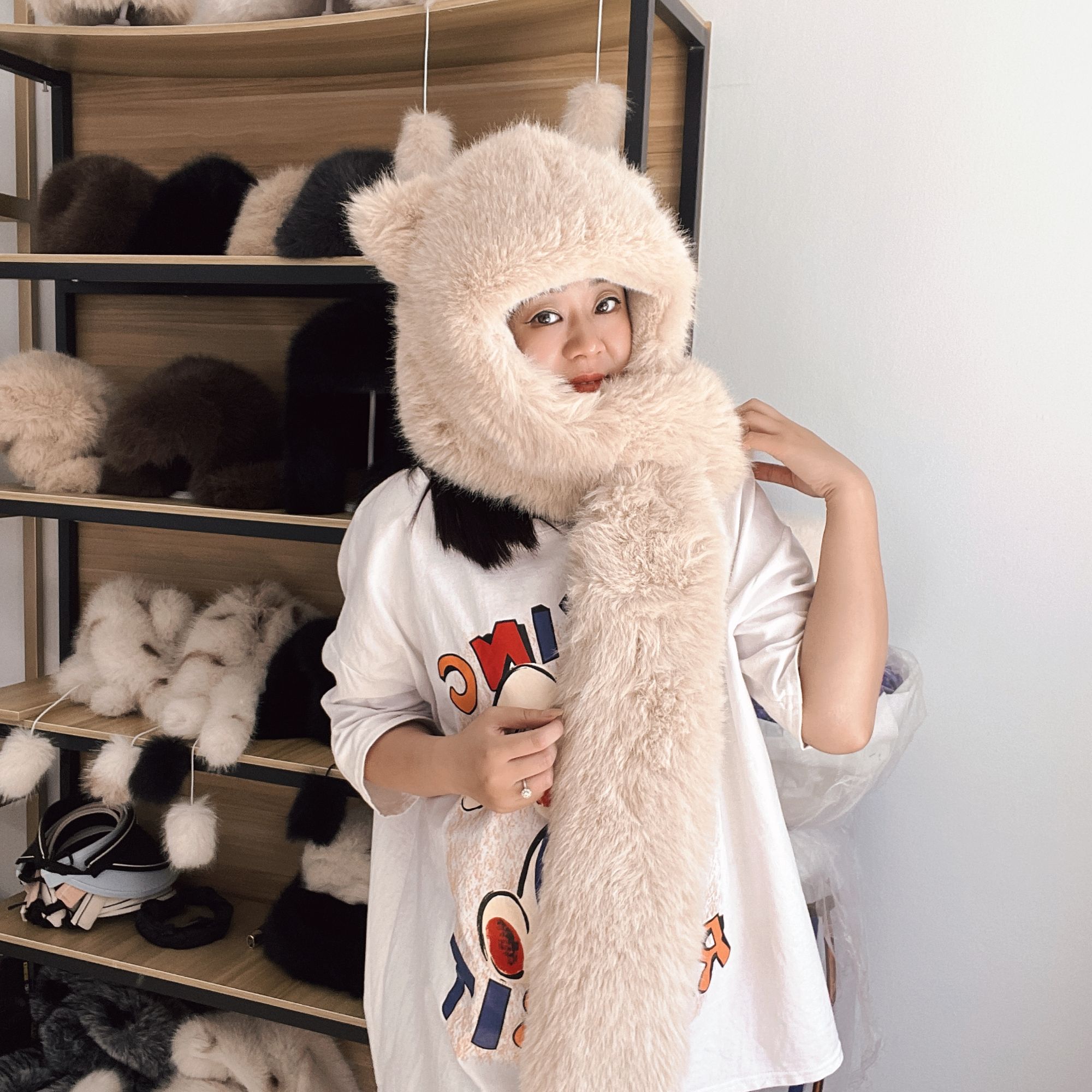 冬季保暖加厚可爱小熊耳朵加绒百搭围巾冬天帽子一体风雪帽