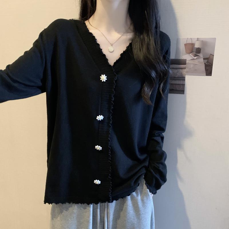 大码木耳边V领长袖针织衫女春秋薄款胖MM遮肚子宽松显瘦百搭上衣