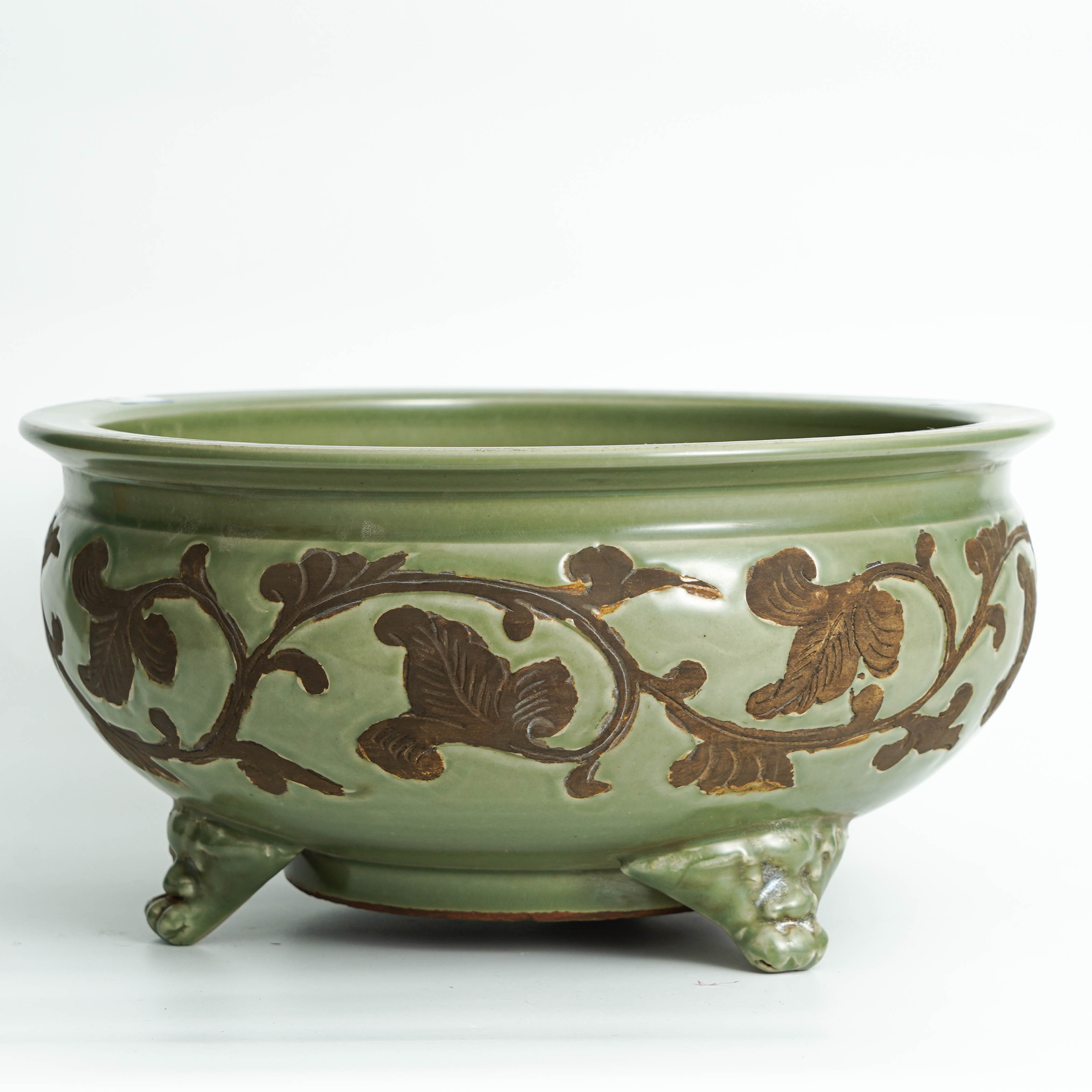 (AC7)3QS31322明龙泉贴塑三足香炉  古董艺术