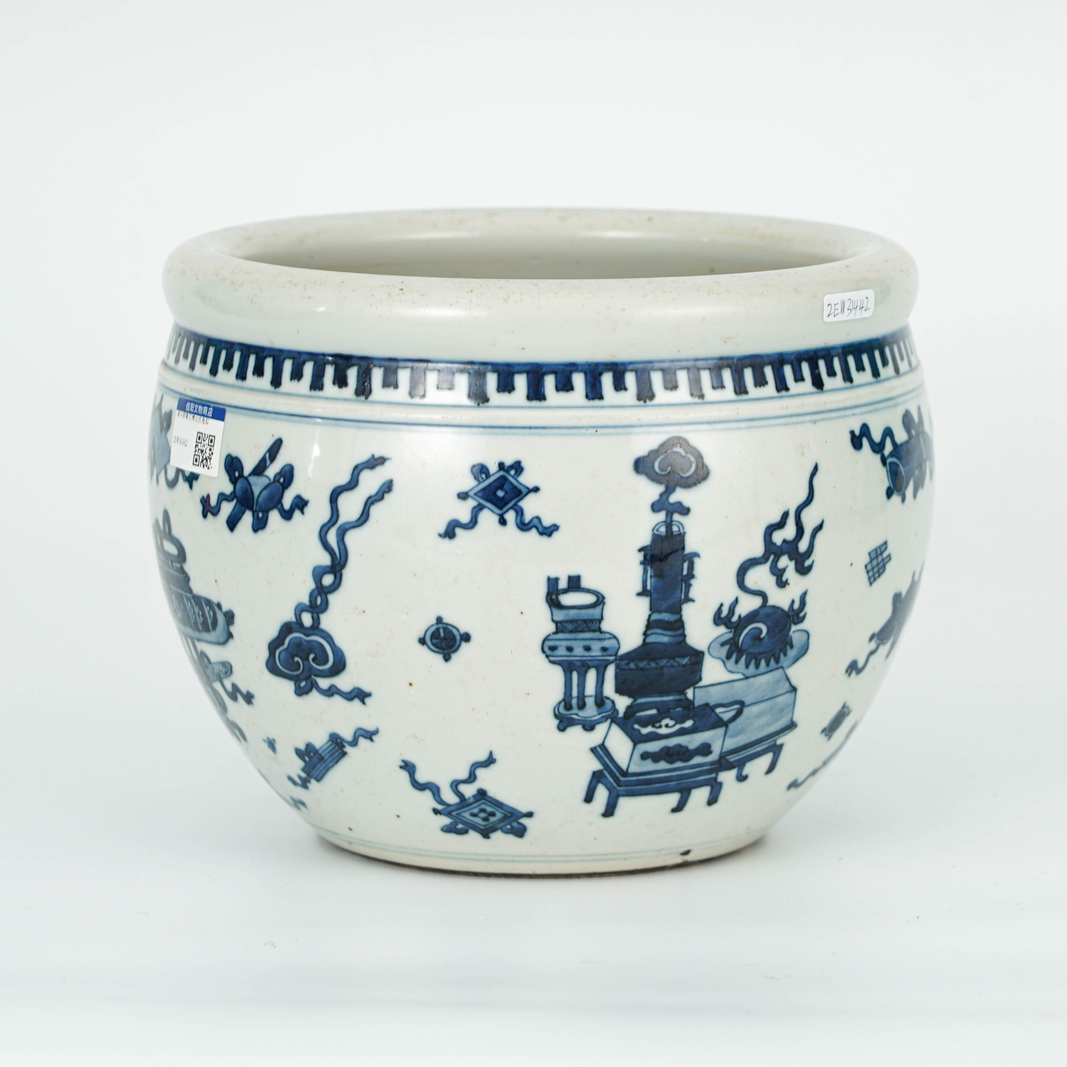 2EW31442 (A6)清中期青花博古纹卷缸/古董/清代瓷器/收藏/文物