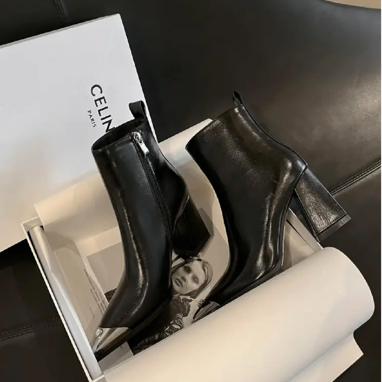 WN轻奢定制2024秋冬新款时尚百搭气质粗高跟短靴尖头真皮6088