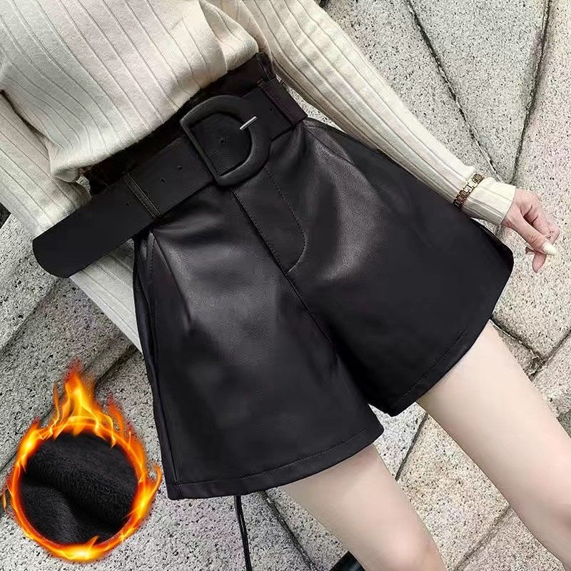 2023皮裤显瘦扣带新款皮短裤女辣妹爵士舞短裤秋冬百搭外穿阔腿裤